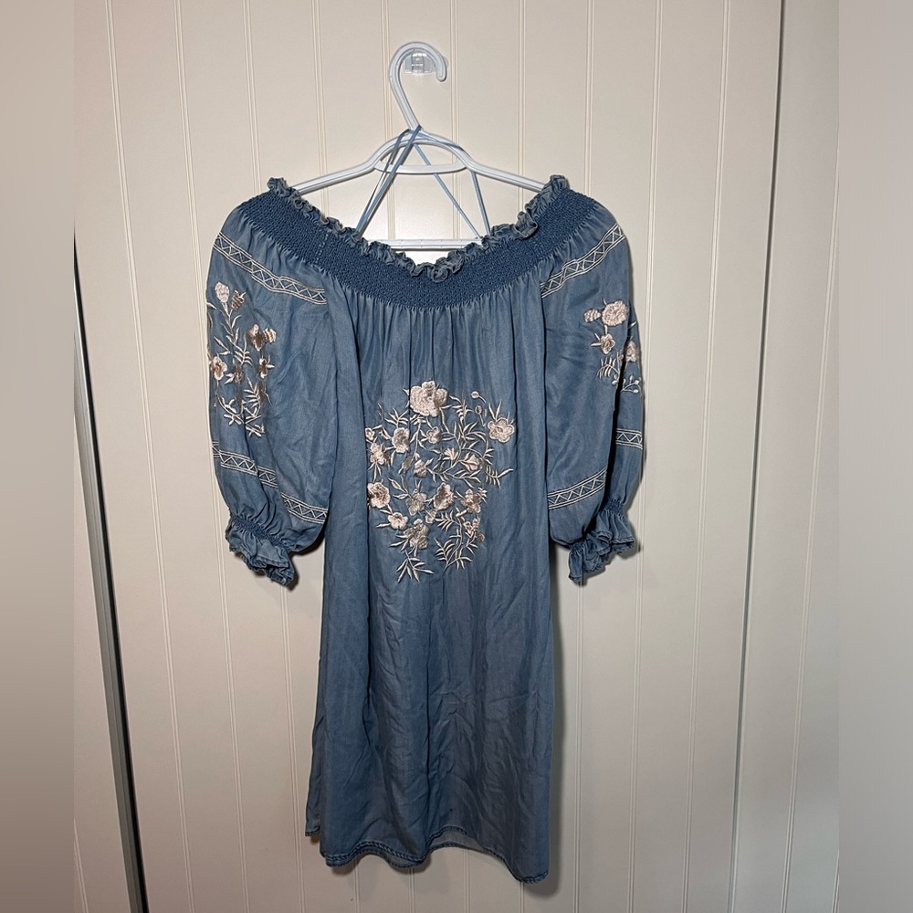 Zara Oversized Coastal Cowgirl Off the Shoulder Embroidered Denim Dress